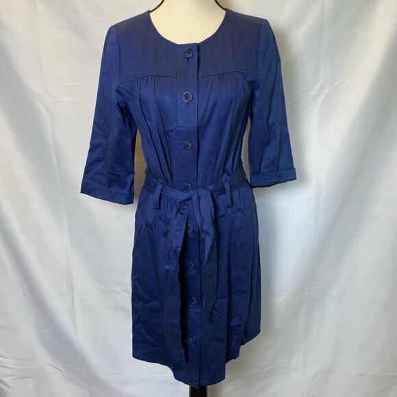 Trina Turk Blue Linen Blend Button Front Belted Tie Waist Mini Dress Womens - Picture 1 of 11